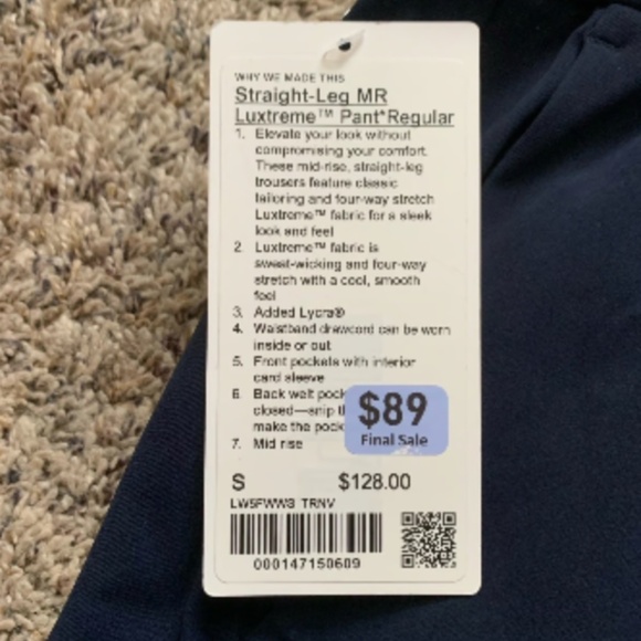 NWT Lululemon Straight-Leg Mid-Rise Luxtreme Pant Navy Blue - Picture 11 of 11